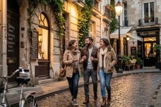 Groupe d'amis parisiens qui se promènent le soir dans une ruelle de Montmartre, loin des pièges à touristes