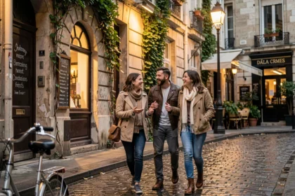 Groupe d'amis parisiens qui se promènent le soir dans une ruelle de Montmartre, loin des pièges à touristes