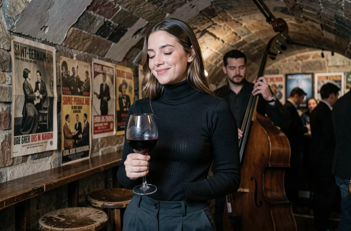 Jeune femme parisienne profitant d'une soirée jazz dans un bar souterrain authentique à Saint-Germain-des-Prés