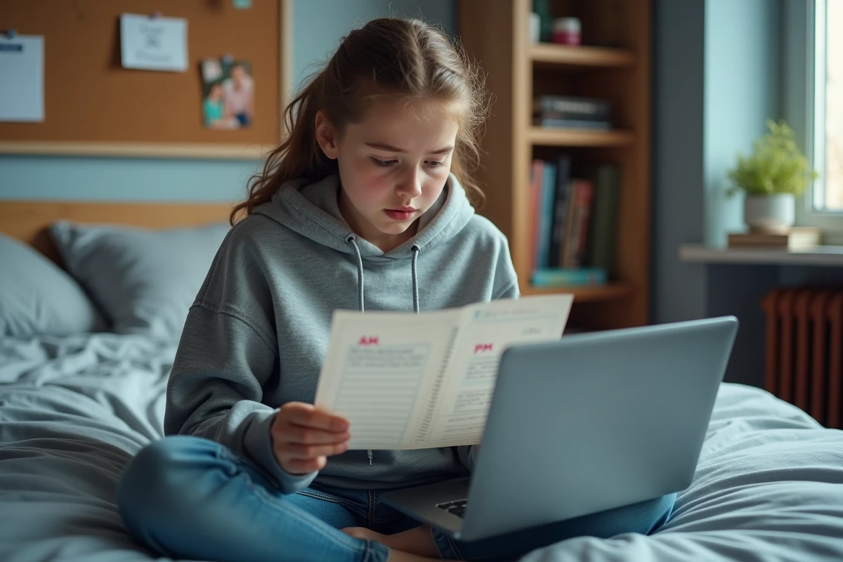 Adolescente francophone comparant un agenda papier et un planning numérique avec des horaires AM et PM dans une chambre d'étudiant