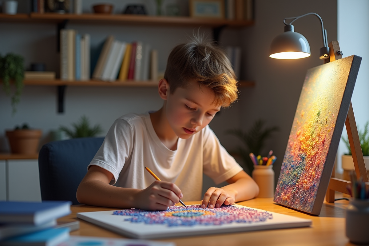 Adolescent concentré sur sa peinture de diamants dans sa chambre