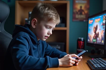 Adolescent utilisant un code promo Brawl Stars sur son smartphone dans sa chambre de gamer