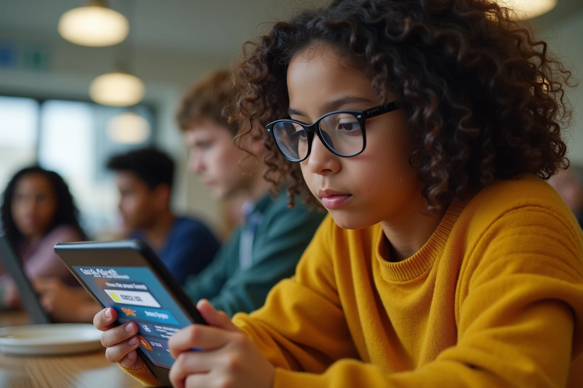 Adolescente saisissant un ancien code Brawl Stars sur sa tablette dans une cafétéria scolaire