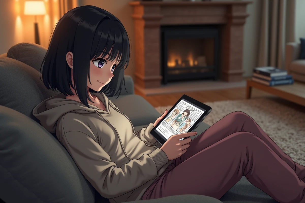 Adolescente lisant manga Black Clover sur sa tablette confortablement