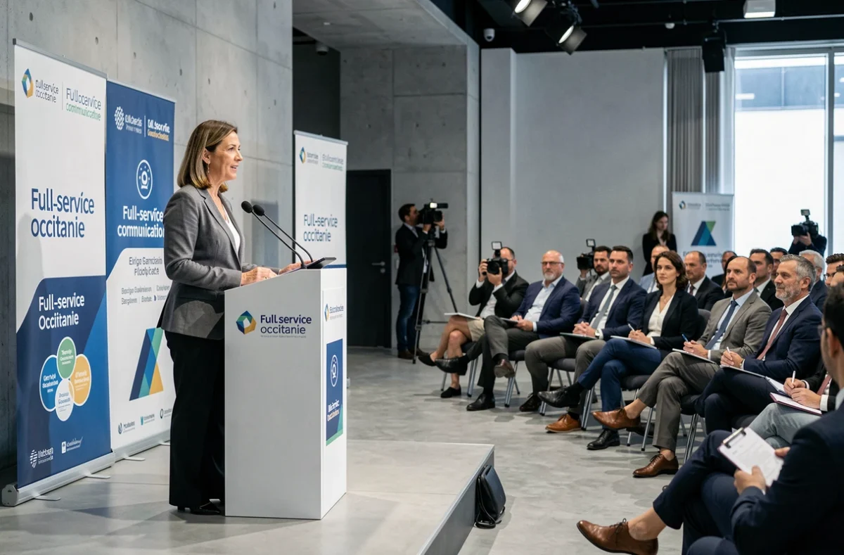 Conférence de presse organisée par ALC Events dans un espace corporate moderne en Occitanie