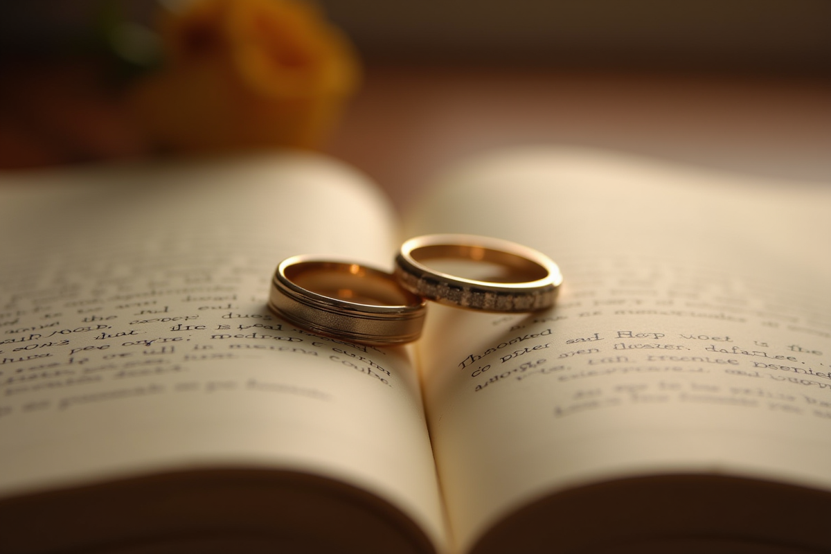 Alliances de mariage sur un carnet avec notes