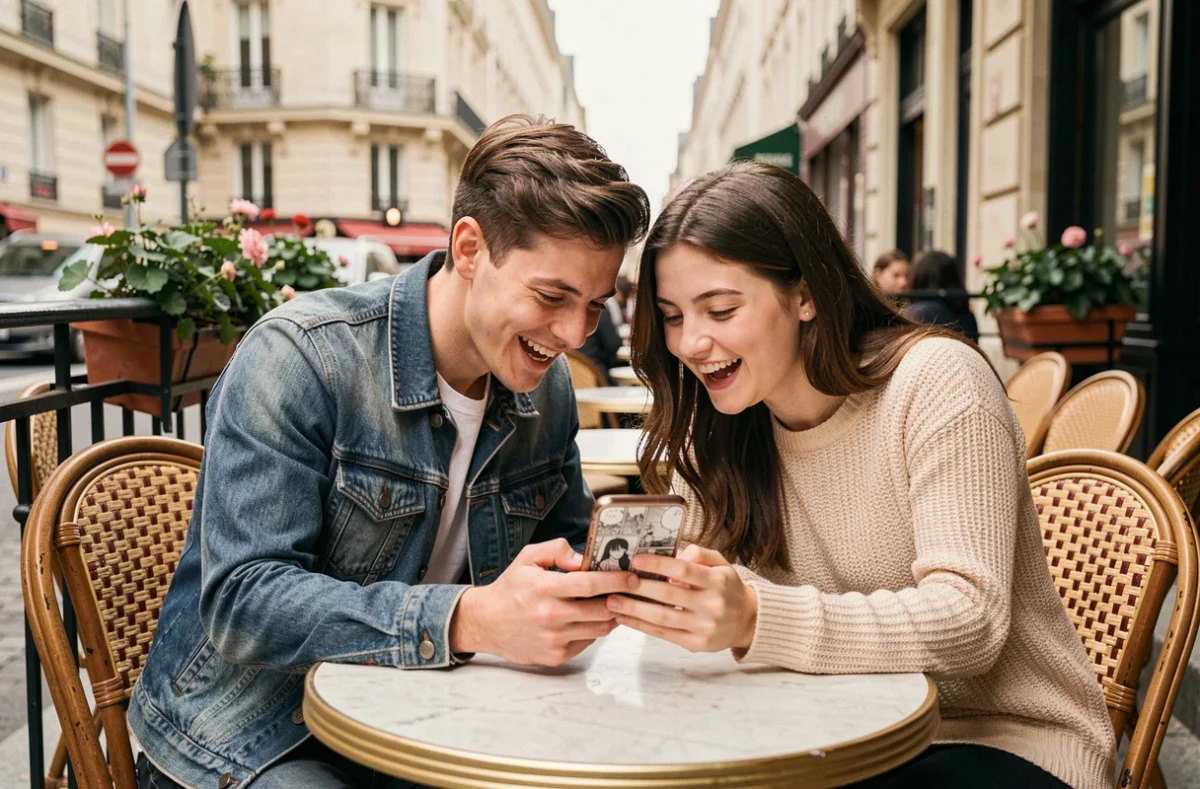 Deux amis lisant ensemble un scan One Piece sur smartphone en terrasse de café à Paris