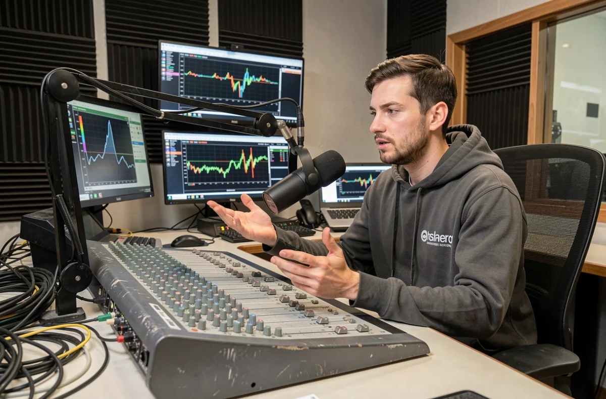 Animateur radio masculin dans un studio professionnel avec console de mixage et micro FM Skyrock