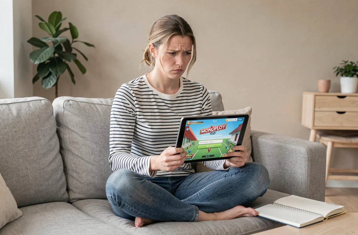 Femme dubitative tenant une tablette avec l'écran de saisie d'un code promo Monopoly GO Club des magnats, assise dans un salon moderne