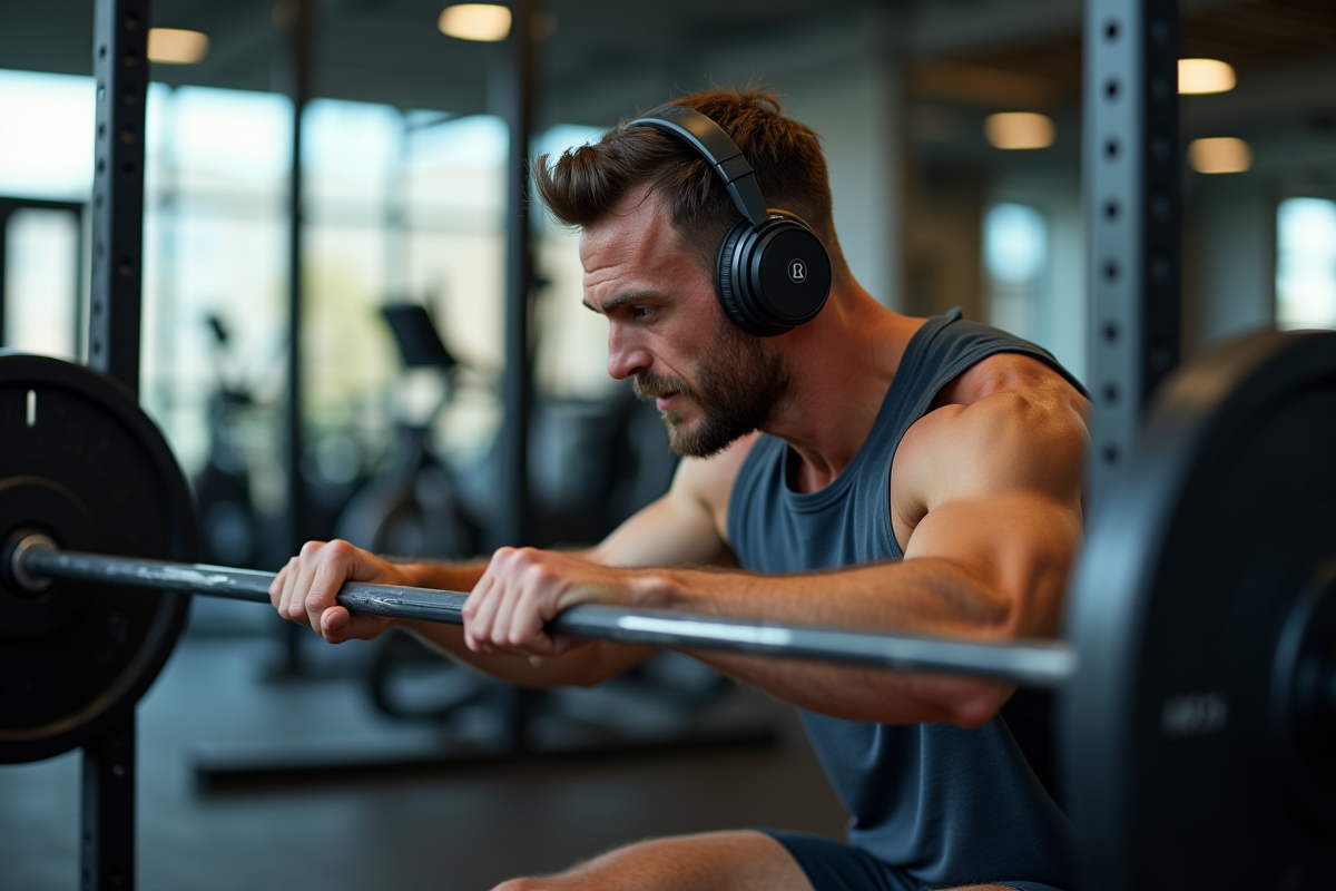 Athlète portant casque audio ajustant des poids en salle