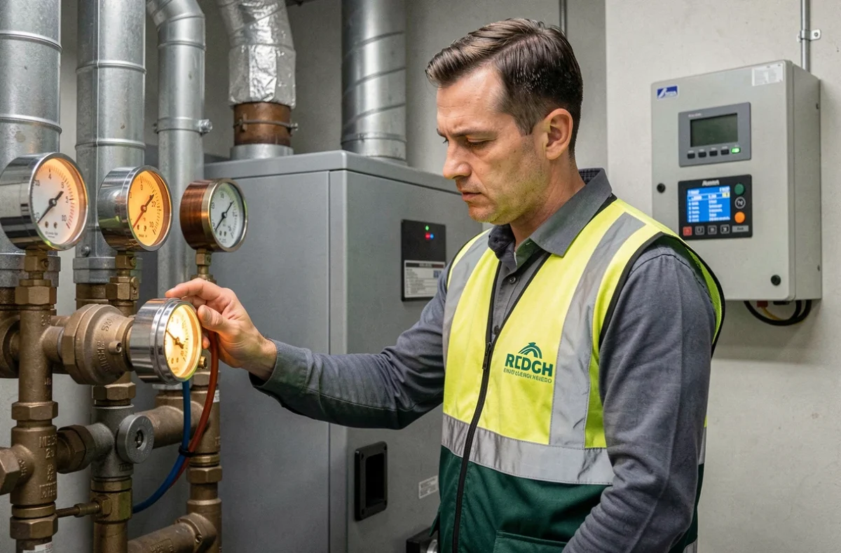 Technicien Atout Energie 69 SARL inspectant une chaudière à gaz dans une chaufferie moderne