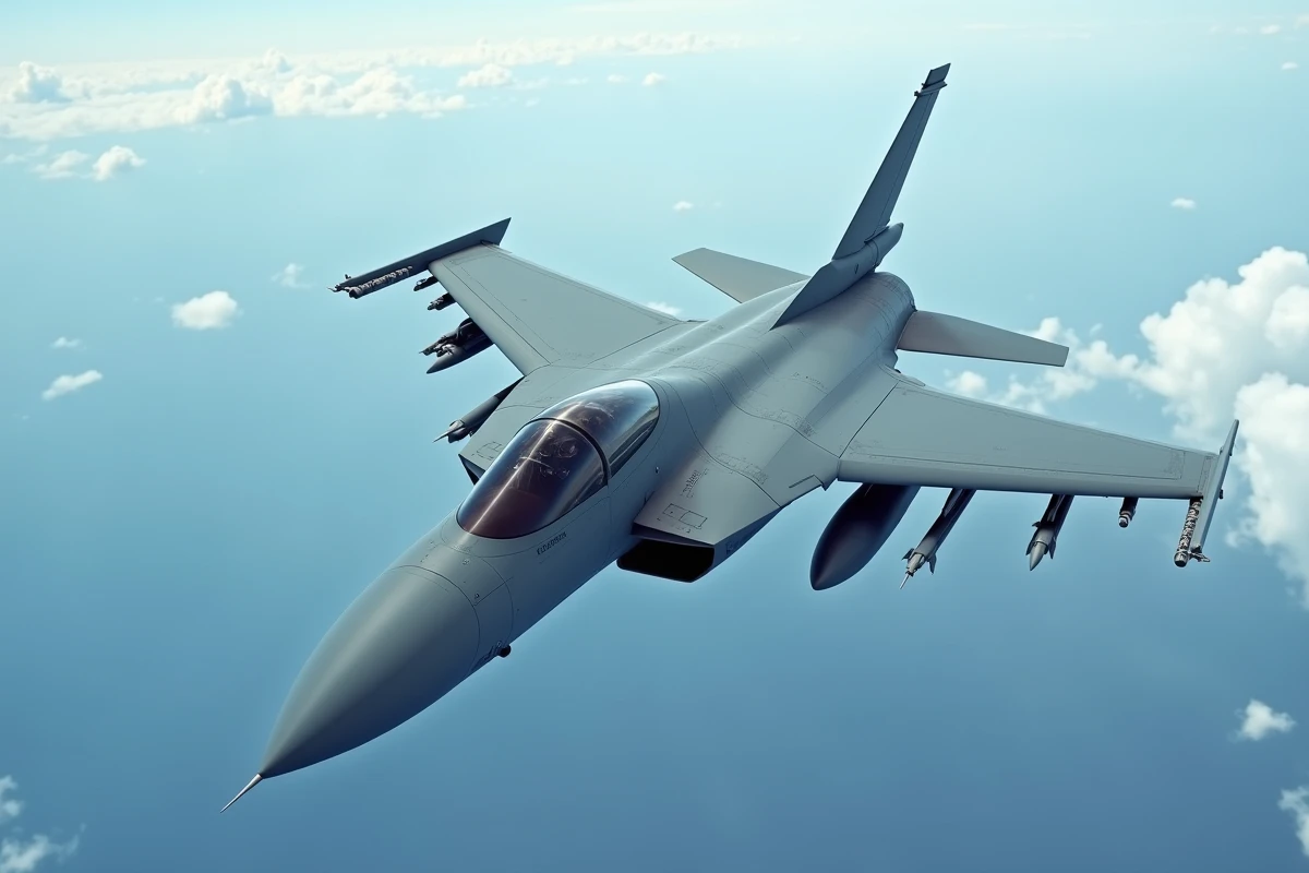 Avion de chasse en plein vol à haute altitude avec armement et pod de guerre électronique visibles sous les ailes