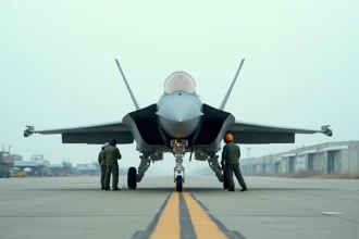 Avion de chasse moderne sur le tarmac d'une base militaire avec techniciens effectuant une inspection pré-vol
