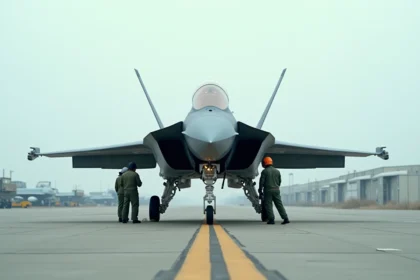 Avion de chasse moderne sur le tarmac d'une base militaire avec techniciens effectuant une inspection pré-vol