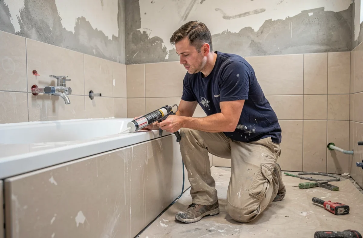 Artisan Barat Renov appliquant du mastic étanche autour d'une baignoire dans une salle de bain en rénovation