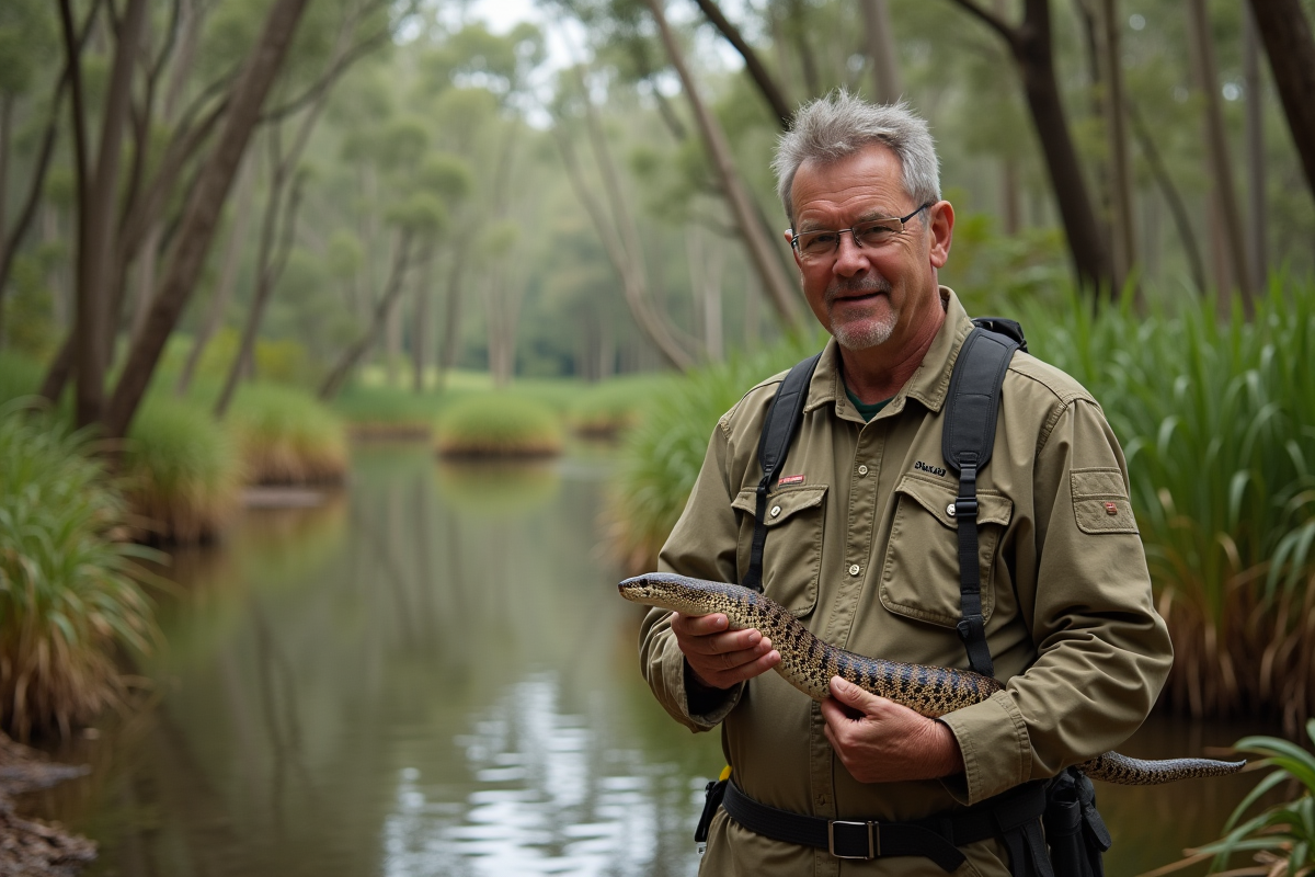 Biologiste australien tenant un serpent tigre en milieu naturel