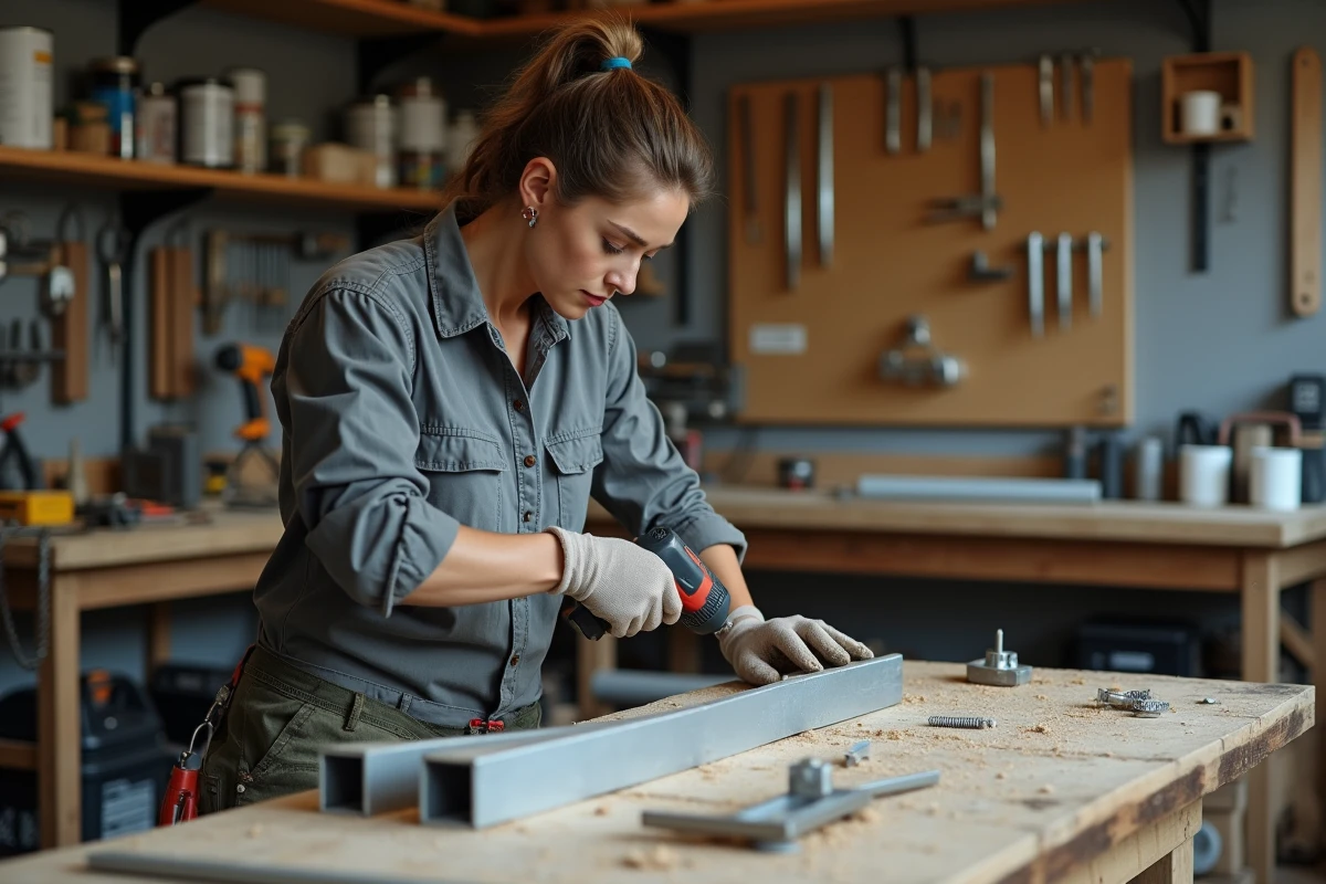 Femme assemblant un cadre en tube carré aluminium avec boulons et perceuse dans un garage de bricolage