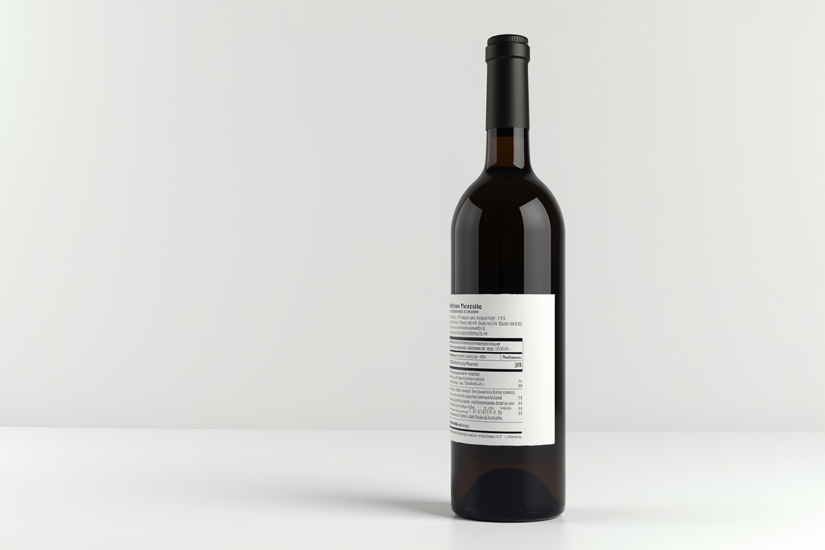 Bouteille de vin avec etiquette sur les sulfites sur fond blanc