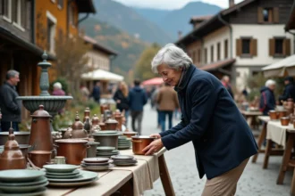 Femme inspectant un objet en cuivre sur un stand de braderie dans un village de Savoie, marché de plein air avec objets vintage sur tables en bois