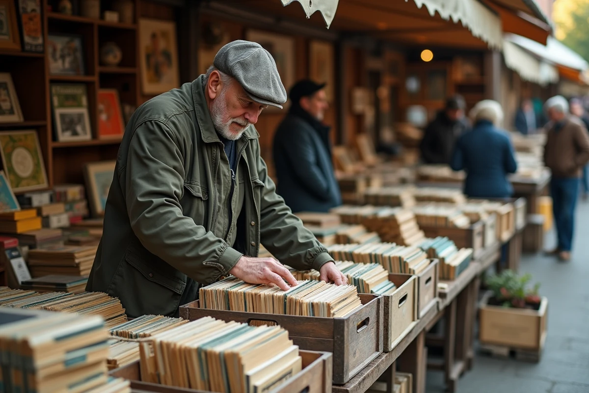Homme en veste canvas feuilletant des vinyles et livres anciens en fin de journée dans une brocante du 54