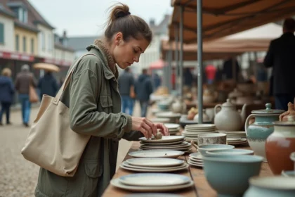 Femme en veste de lin examinant des céramiques anciennes tôt le matin à une brocante en Meurthe-et-Moselle