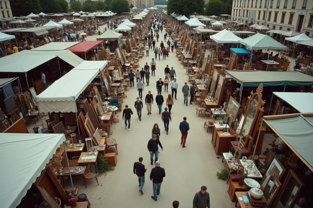 Vue aérienne d'une brocante animée en plein air dans une place de village en Meurthe-et-Moselle