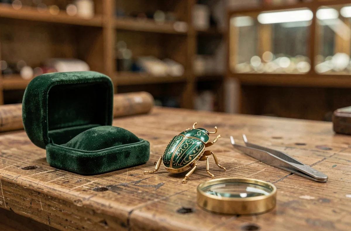 Broche scarabée classique européen en or et émail vert posée sur un établi de bijoutier avec loupe et boîte en velours