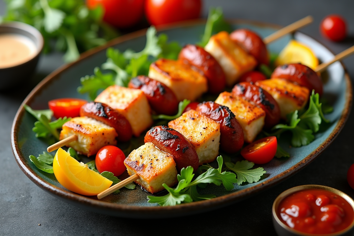 Brochettes de cod et chorizo avec légumes colorés et sauces