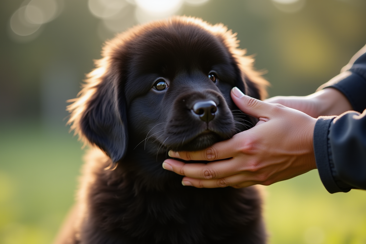 Personne brossant un chiot Newfoundland en extérieur