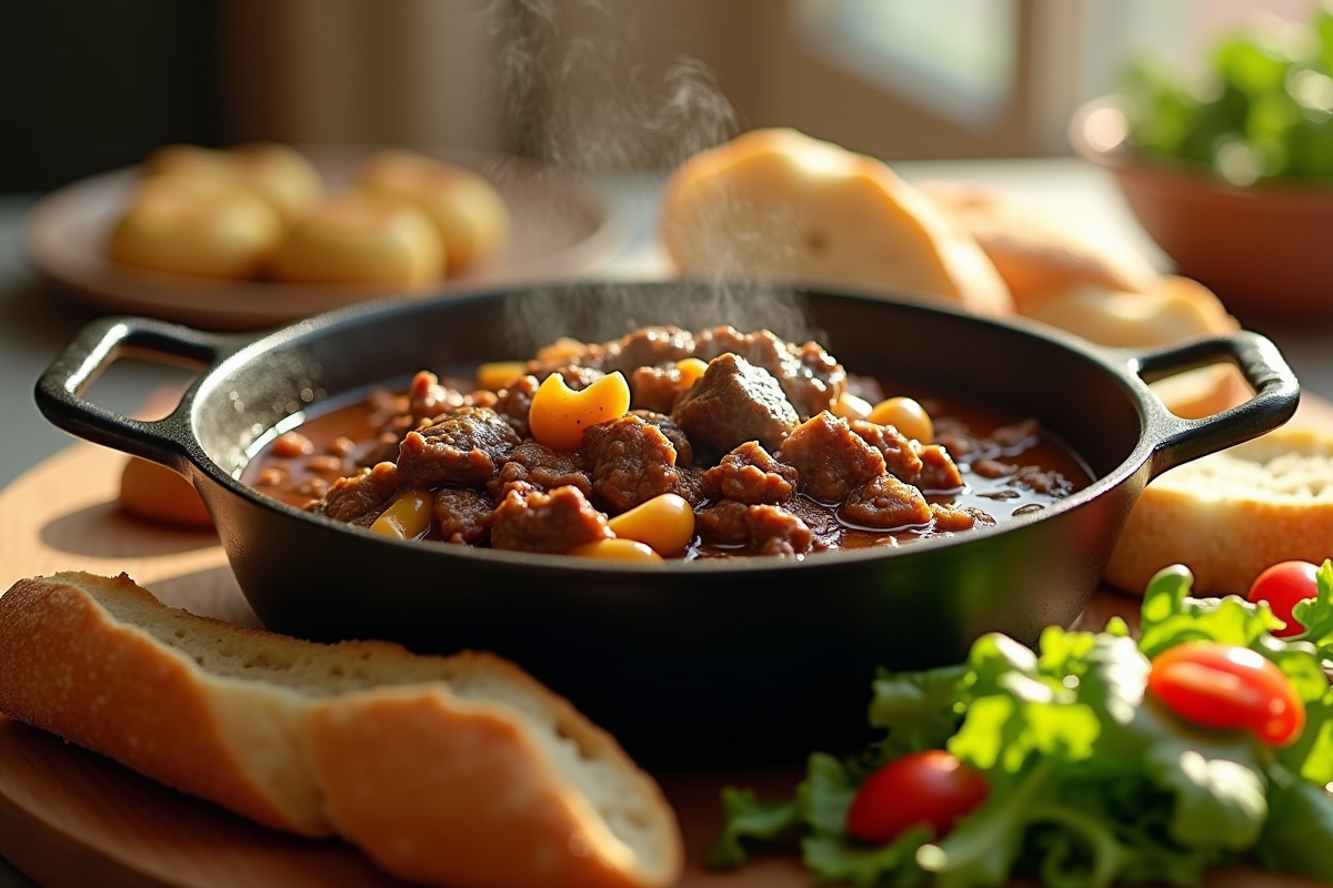 Repas convivial avec bœuf bourguignon et baguette