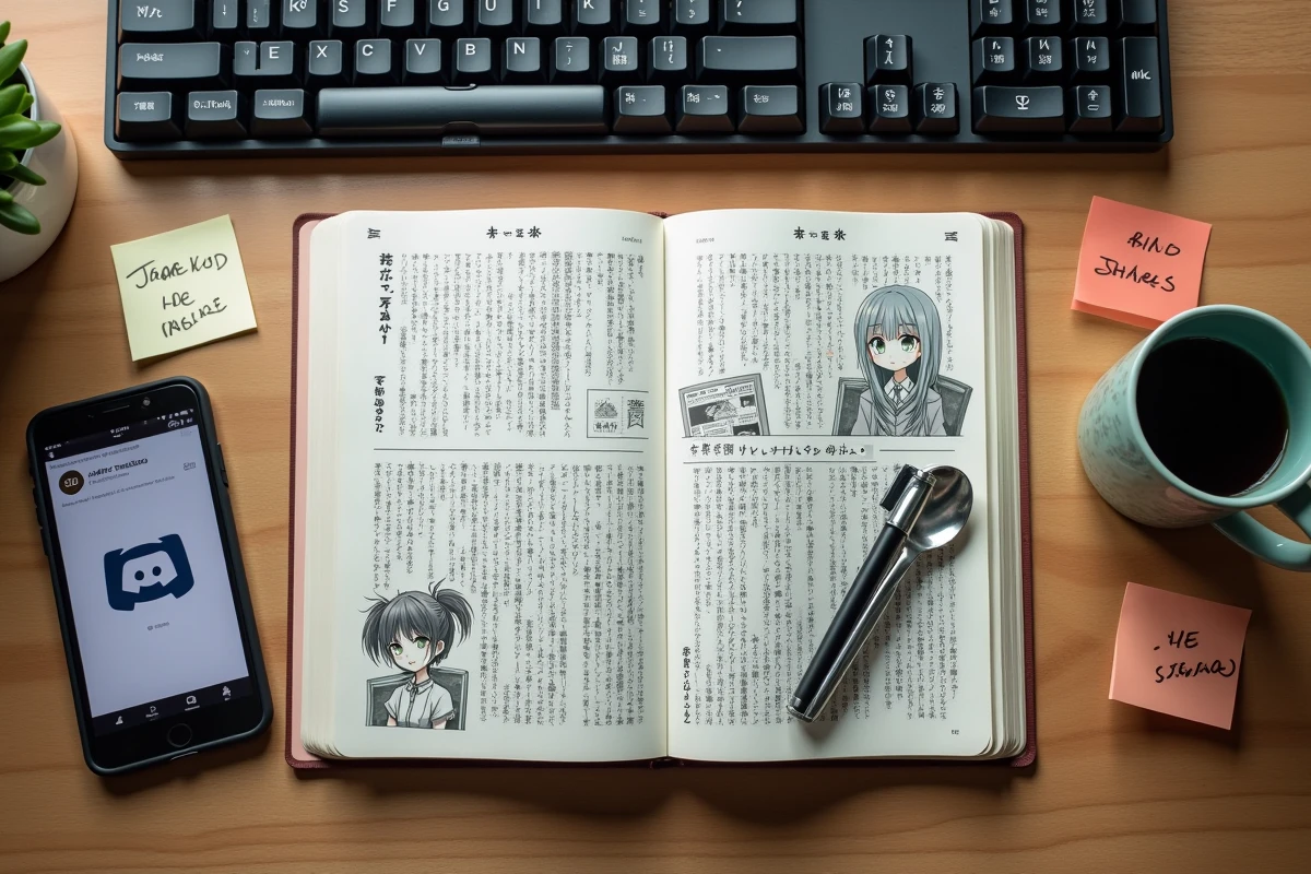 Vue en plongée d'un bureau avec un manga ouvert, un clavier mécanique et un smartphone affichant une notification Discord d'une communauté de scans