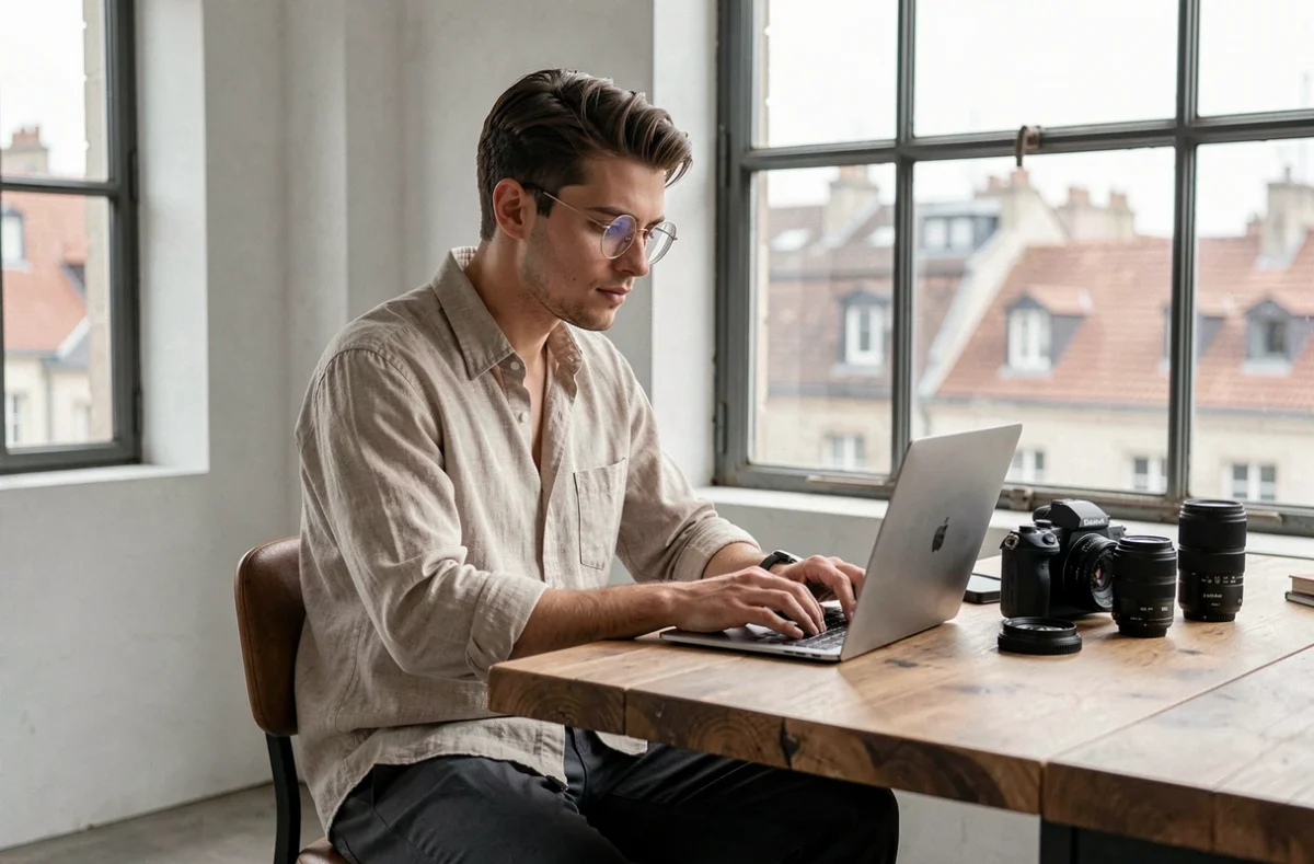 Photographe Byelioptics révisant des images sur ordinateur dans un espace de travail loft avec vue sur les toits de Limoges