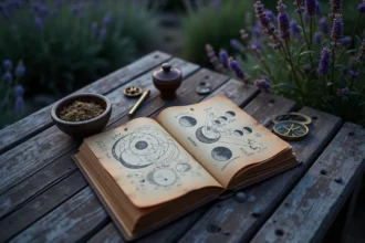 Calendrier lunaire dessiné à la main ouvert sur une table en bois avec les phases de la lune illustrées en encre