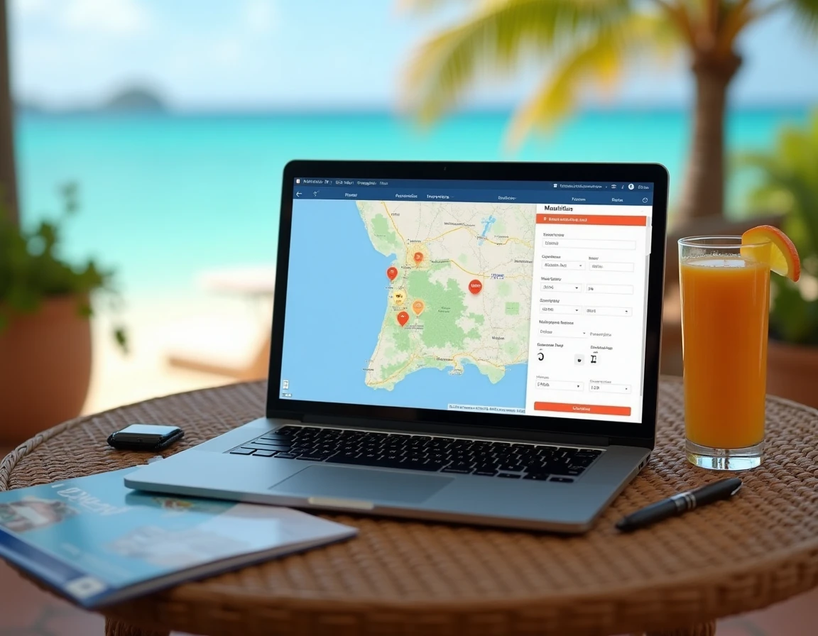 Écran d'ordinateur affichant une carte interactive des codes postaux de l'île Maurice sur une terrasse de bord de mer
