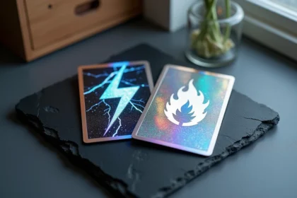Cartes holographiques Foudre Noire et Flamme Blanche posées sur ardoise, reflets prismatiques foil, collection 2026