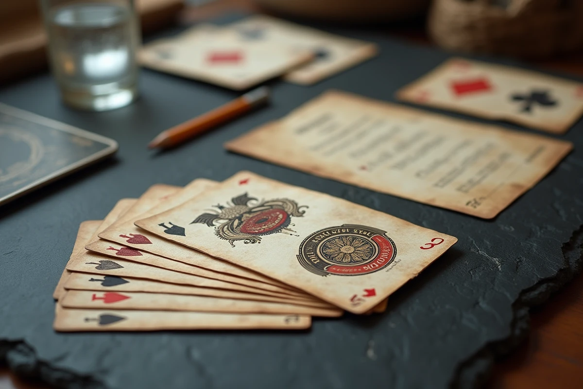 Vue en plongée de cartes spéciales du jeu Palmier étalées avec une fiche de règles annotée sur une surface en ardoise