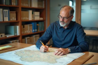 Cartographe examinant une carte administrative du département 61 mise à jour sur une table de travail
