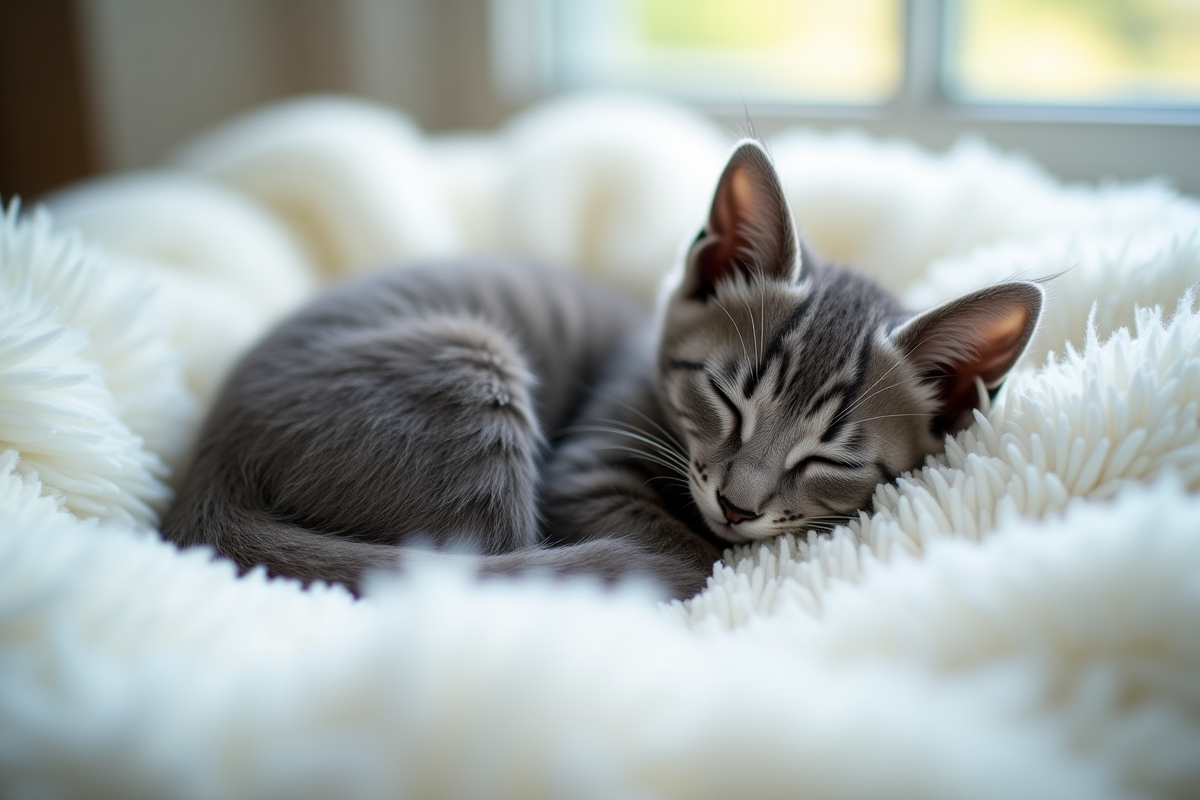 Chaton gris endormi sur une couverture blanche