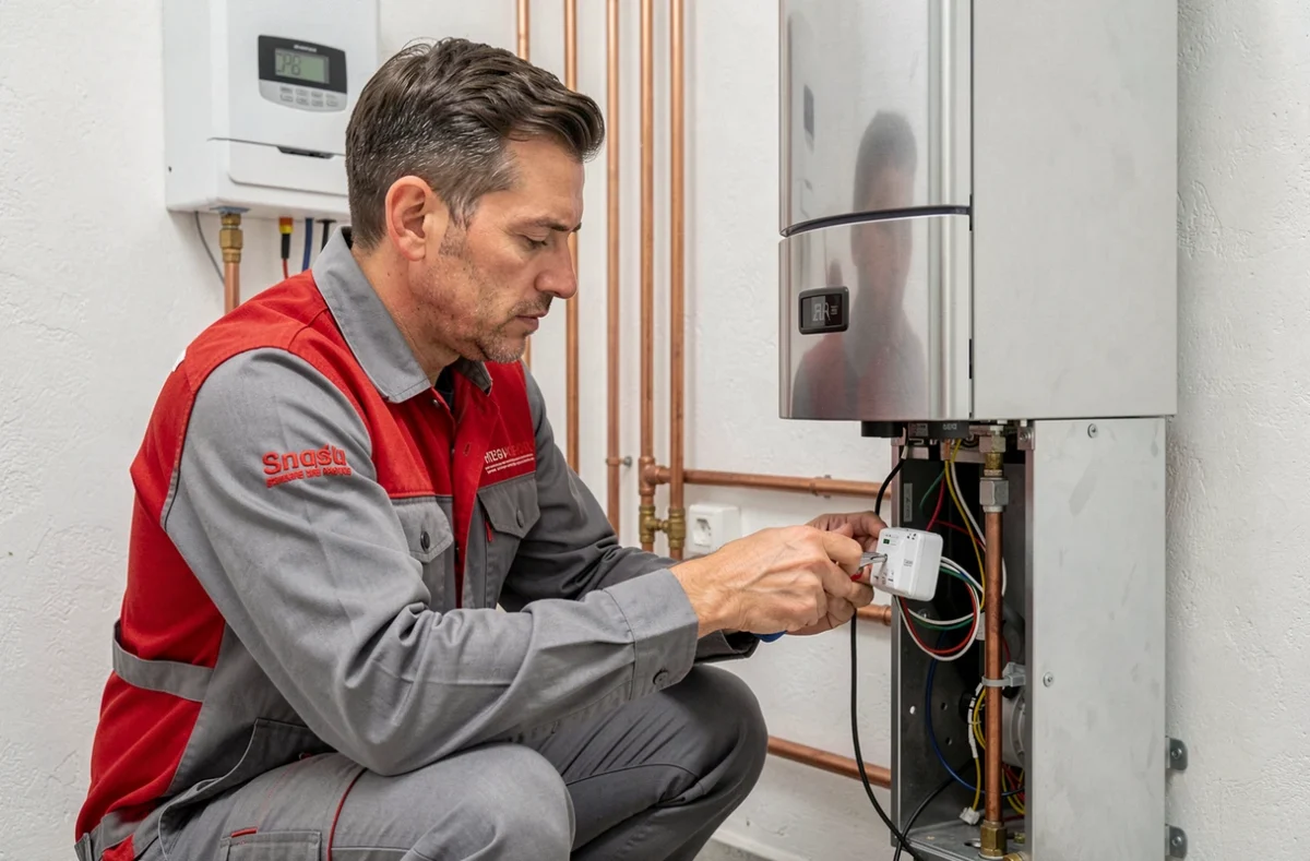 Technicien Chauffageo raccordant le câblage d'un thermostat sur une chaudière à condensation moderne