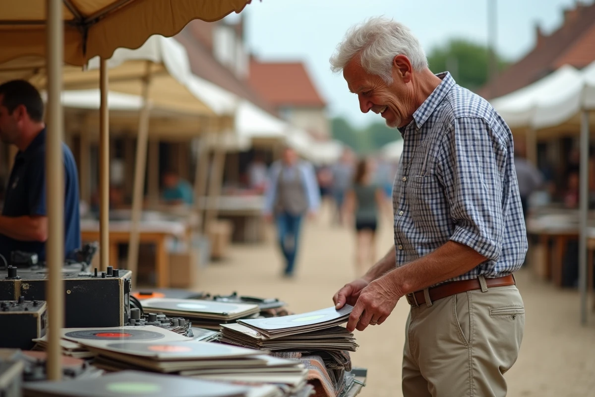 Homme parcourant des vinyles anciens sur un vide-grenier de l'Ain par une matinée ensoleillée