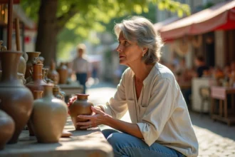 Femme chinant un vase ancien sur un vide-grenier en plein air dans un village de l'Ain