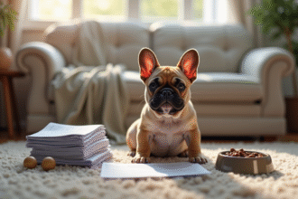 Chiot French Bulldog assis dans un salon avec factures et jouets