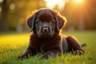 Chiot Newfoundland assis en plein jour doré