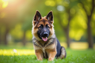 Chiot berger allemand assis dans un parc en plein soleil