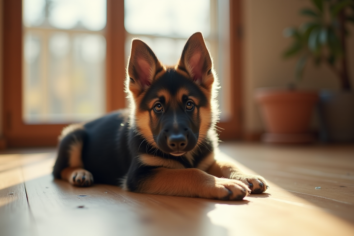 Chiot berger allemand allongé près d