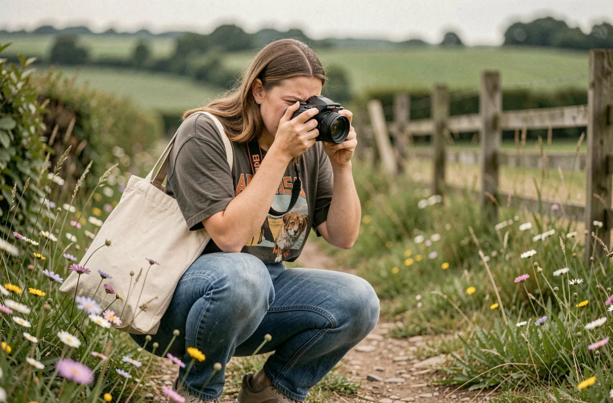Chloë Fidanzi photographe créative accroupie dans la campagne de Haute-Vienne pour photographier des fleurs sauvages