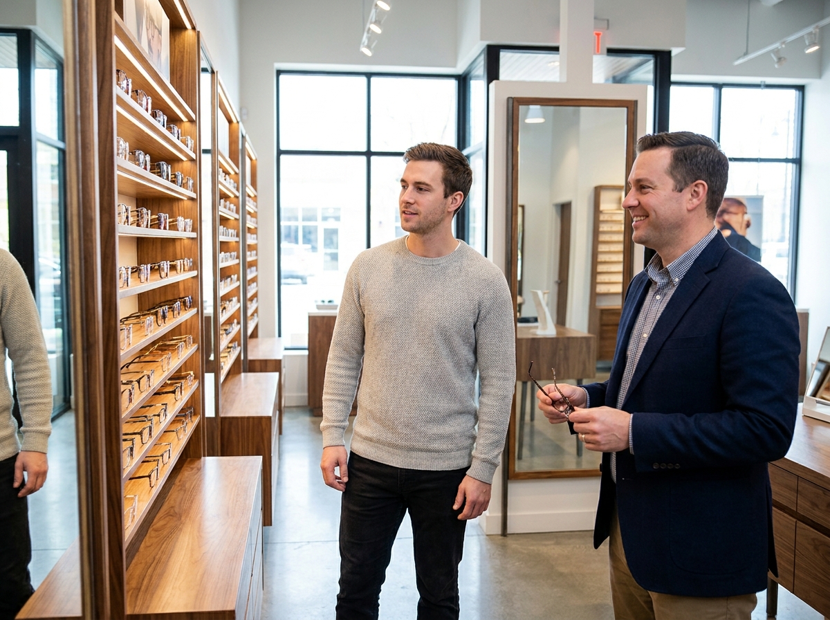 Client choisissant des montures de lunettes avec l'aide d'un opticien conseil dans une boutique du Val-d'Oise
