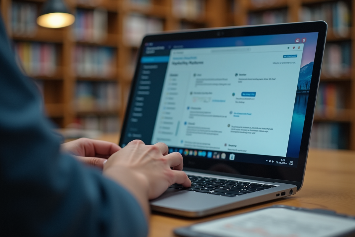 Mains tapant sur clavier avec plateforme universitaire en fond