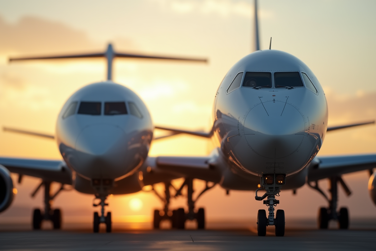 Vue rapprochée du cockpit Airbus et nez Boeing au lever du soleil