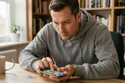 Homme tenant un smartphone avec une interface de jeu mobile Monopoly GO affichant un code récompense, assis dans un bureau à domicile